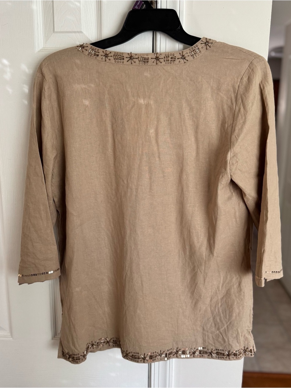 Jaclyn Smith Women's L Linen Blend Tunic Boho Embellished Beaded Tan Top NWT - Picture 2 of 8